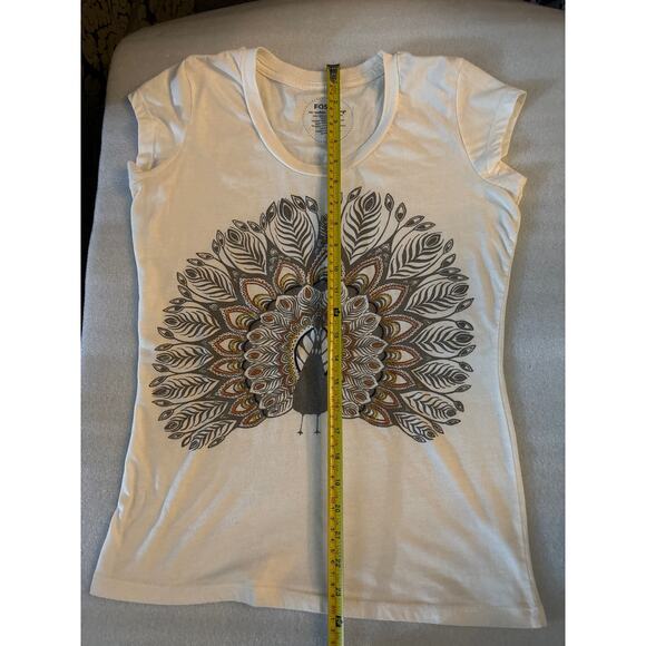 Fossil Short Sleeve Embroidered Look Peacock Vintage Style Tee S Casual Boho - Picture 7 of 8